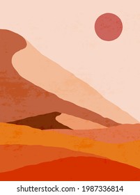 Paisaje abstracto de las montañas y el sol en un estilo minimalista a la moda. Fondo vectorial de Boho Art. en colores marrones y naranjas para portadas, afiches, postales, historias de medios sociales.