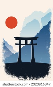Abstract landscape with mountains and Torii gate in minimalism style.