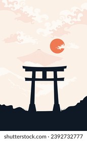 Abstract landscape with mountains and Torii gate in minimalism style.