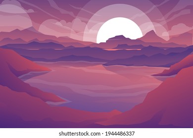 Abstract landscape with mountains and trees with twilight, sunset in forest and valley cartoon vector illustrations. 