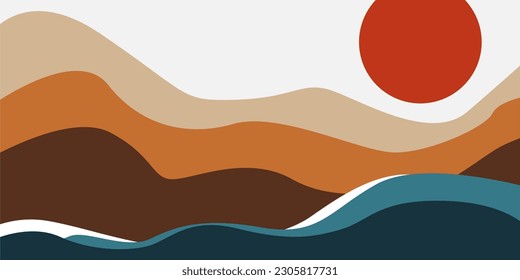 Abstract landscape with natural mountain object. Blue and Brown earth tone background for wall art, home decoration, and luxury print
