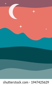 Abstract landscape. Nature, mountains, sea, moon. Fashionable trendy style, minimalism. Design for social networks, poster, banner, cover. Colored flat vector illustration.