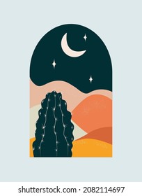 Abstract landscape at night with a cactus. Vector illustration