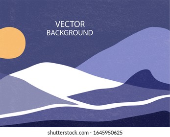 Abstract landscape. Night landscape with mountains, moon and river. Background with space for text, vector illustration, banner, poster