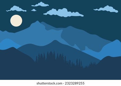 Abstract landscape with night over colorful mountains, minimalist style illustration.