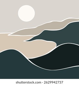 Póster panorámico de paisaje Abstractas océano y montañas. Formas orgánicas de estilo Matisse, arte ingenuo, fondo contemporáneo. Playa y Ilustración vectorial de montañas