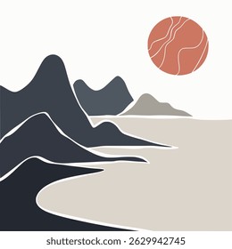 Abstract landscape ocean and mountains panoramic poster. Matisse style organic shapes, naive art, contemporary background. Beach and mountains vector illustration