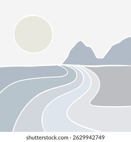 Póster panorámico de paisaje Abstractas océano y montañas. Formas orgánicas de estilo Matisse, arte ingenuo, fondo contemporáneo. Playa y Ilustración vectorial de montañas