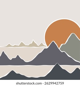 Póster panorámico de paisaje Abstractas océano y montañas. Formas orgánicas de estilo Matisse, arte ingenuo, fondo contemporáneo. Playa y Ilustración vectorial de montañas