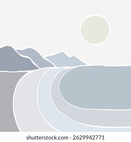Abstract landscape ocean and mountains panoramic poster. Matisse style organic shapes, naive art, contemporary background. Beach and mountains vector illustration