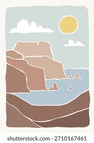 Abstract landscape ocean and mountains panoramic poster. Matisse style organic shapes, naive art, contemporary background. Beach and mountains vector illustration