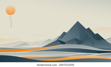 Abstract landscape with orange sun in Asian style