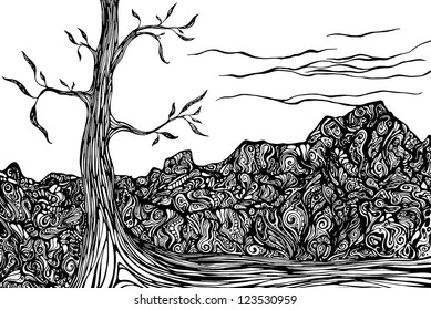 Abstract Landscape with ornate rocks and tree