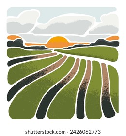 Abstract landscape. Painted meadow with sunset on horizon. Summer countryside nature. Spring view of farmland. Modern art of country scenery in minimal style. Hand drawing flat vector illustration