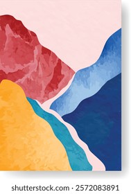 Abstract landscape painting featuring rolling hills and valleys in vibrant colors, creating a visually captivating and artistic representation of nature