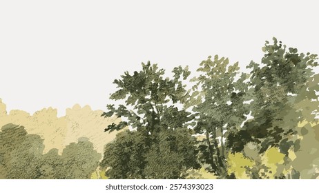 Abstract landscape painting with green trees, lush foliage, and a serene atmosphere. The painting captures the essence of nature with trees and foliage in soft hues. Vintage nature illustration vector