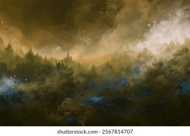 Abstract landscape painting, misty mountains, soft color gradients, atmospheric depth, serene nature scene.