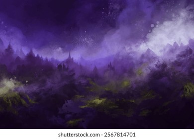 Abstract landscape painting, purple hues, misty mountains, atmospheric depth, digital art style, serene ambiance.