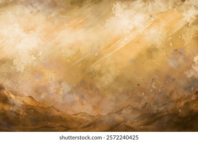 Abstract landscape painting, warm earthy tones, textured brush strokes, serene mountain backdrop, atmospheric sky.