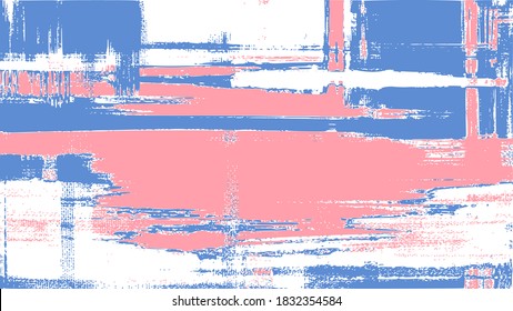 Abstract landscape painting, water reflection. Artistic brush strokes, pink, white and blue oil paint on canvas, cross hatching grungy vector background
