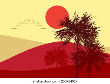 An abstract landscape with palm trees of red color and flock of birds