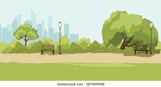 Abstract landscape  park in the big city. Vector illustration, background with trees and high buildings.	