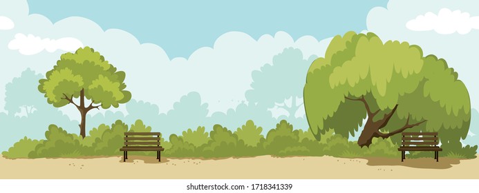 Abstract landscape -- park. Watercolor vector illustration, seamless background with trees and benches.	