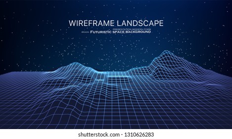 Abstract landscape with particles dots and stars. Wireframe landscape background. 80s Retro Sci-Fi Background. Graphic concept for your design