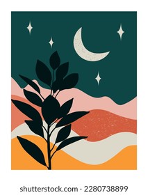 Abstract landscape with a plant and desert at night. Vector illustration