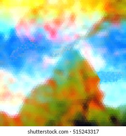 Abstract landscape of polygons resembling mountain with sky and clouds. Lonely green, brown and blue mountain with blue sky and sunshine