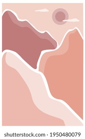 Abstract landscape poster. Aesthetic background landscape with mountains, sunrise. Earth tones, burnt orange, terracotta colors. Modern minimalist art print. Boho wall decor.