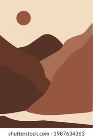 Abstract landscape poster. Aesthetic background landscape with mountains. Earth tones and terracotta colors. Modern minimalist art print. Boho wall decor.