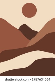 Abstract landscape poster. Aesthetic background landscape with mountains. Earth tones and terracotta colors. Modern minimalist art print. Boho wall decor.