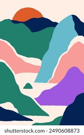 Abstractas cartel del paisaje, diseño de la tarjeta. Fondo de naturaleza moderna, puesta de sol. Arte mural en estilo contemporáneo de moda. Paisaje de noche minimalista, sol, montaña y mar. Ilustración vectorial gráfica plana