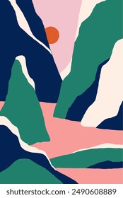 Abstract landscape poster, card. Nature, vertical background, sun and mountain in modern trendy style. Wall art design. Minimalist scenery pattern, artwork. Colored flat graphic vector illustration