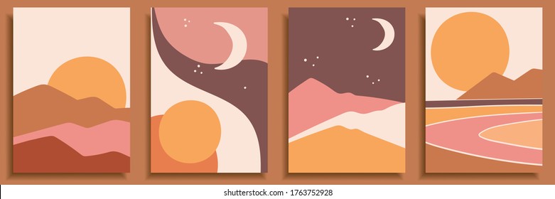 Abstract landscape poster collection. Set of contemporary art print templates. Nature backgrounds for your social media. Sun and moon, sea, mountains bundle.