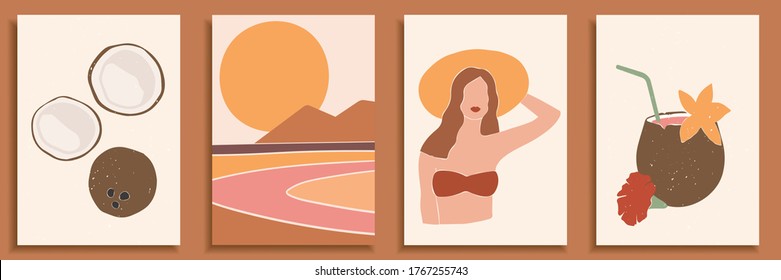 Abstract landscape poster collection. Set of contemporary art print templates. Nature backgrounds, fruits, coconut for your social media. Abstract female shapein swimsuits on retro summer background.