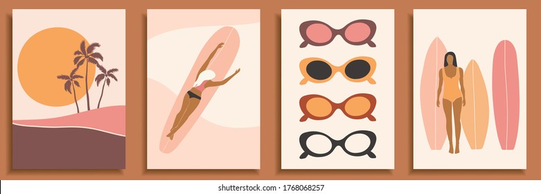 Abstract landscape poster collection. Set of contemporary art print templates. Nature backgrounds for your social media. Abstract female shapes and silhouettes in swimsuits on retro summer background.