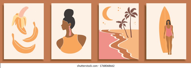 Abstract landscape poster collection. Set of contemporary art print templates. Nature backgrounds for your social media. Abstract female shapes and silhouettes in swimsuits on retro summer background.