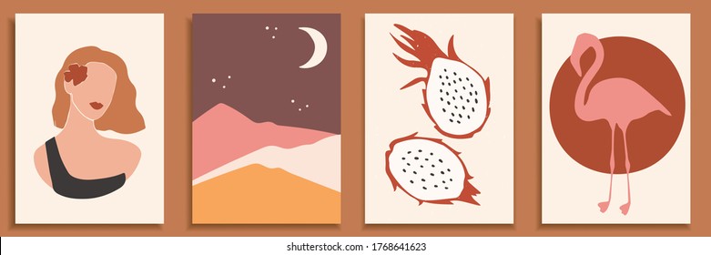 Abstract landscape poster collection. Set of contemporary art print templates. Nature backgrounds for your social media. Abstract female shapes and silhouettes in swimsuits on retro summer background.