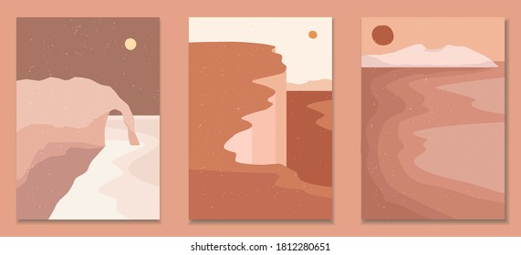 Abstract landscape poster collection. Set of contemporary art print templates. Nature backgrounds for social media. Sun and moon, sea, mountains, ocean, river bundle.