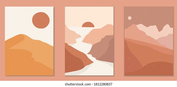 Abstract landscape poster collection. Set of contemporary art print templates. Nature backgrounds for social media. Sun and moon, sea, mountains, ocean, river bundle.