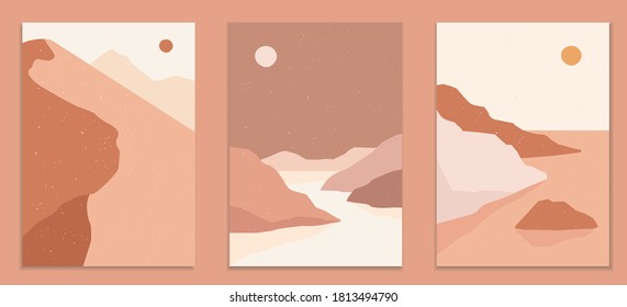 Abstract landscape poster collection. Set of contemporary art print templates. Nature backgrounds for your social media. Sun and moon, sea, mountains, ocean, river bundle.