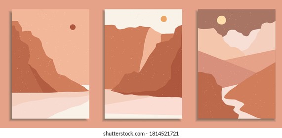 Abstract landscape poster collection. Set of contemporary art print templates. Nature backgrounds for your social media. Sun and moon, sea, mountains, ocean, river bundle.