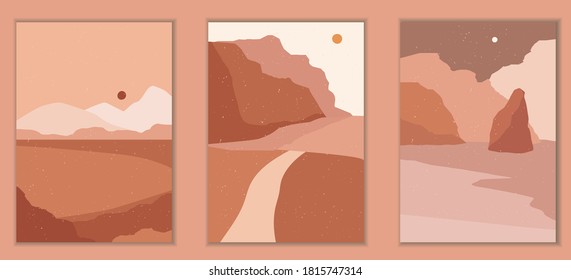 Abstract landscape poster collection. Set of contemporary art print templates. Nature backgrounds for your social media. Sun and moon, sea, mountains, ocean, river bundle.