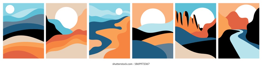 Abstract landscape poster collection. Set of contemporary art print templates. Nature backgrounds. Sunset and sunrize, mountains, rivers and lakes, alien landscapes. Vector illustrations