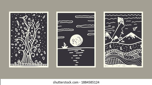 Abstract landscape poster collection. Set of contemporary art print templates. Nature backgrounds. Set of creative hand painted illustration for wall decoration, postcard or brochure design