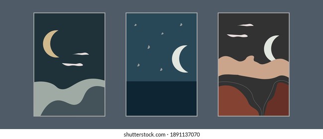 Colección de afiches paisajísticos abstractos. Conjunto de plantillas de impresión de arte contemporáneo. Antecedentes naturales de tus medios sociales. Luna, mar, paquete de montañas.