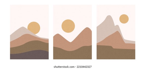 Abstract landscape poster collection. Set of contemporary art print templates. Nature backgrounds for your social media. Sun, sea, mountains.