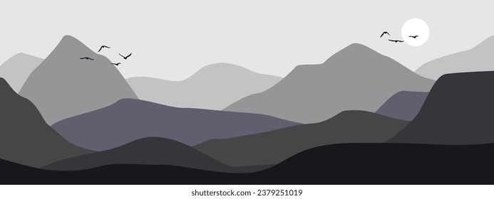 Abstract landscape poster. Contemporary nature background, horizon panorama with mountains, modern scenery wallpaper. Vector illustration